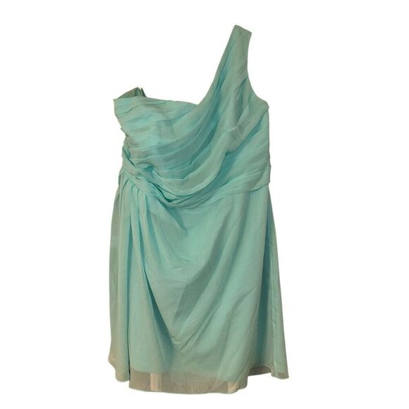 Davids Bridal Womens Plus Size 22 Spa Blue Short Chiffon One Shoulder Dress - Picture 2 of 7